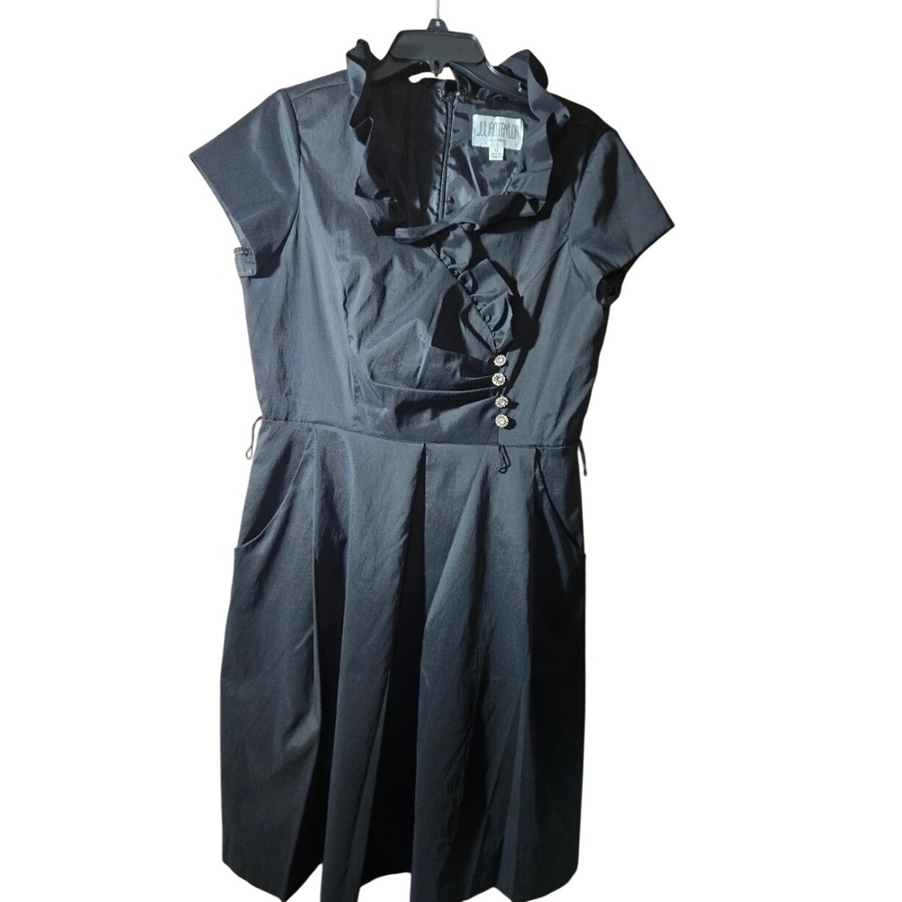 Julian Taylor Black Ruffle Collar Fit and Flare Dress Rhinestone Buttons Sz 12
